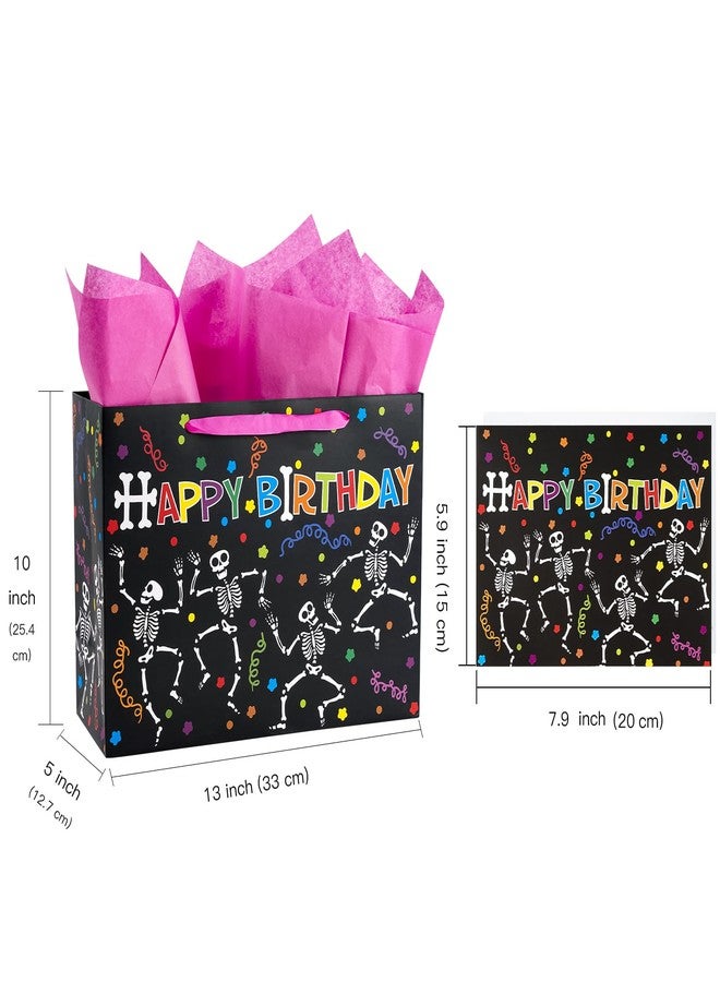 WRAPAHOLIC Skeleton Birthday Gift Bags with Tissue Paper and Card - 10 x 5 x 13 inch - Colorful Skeleton Happy Birthday Paper Bags for Kids Girls Boys, Halloween - Image 2